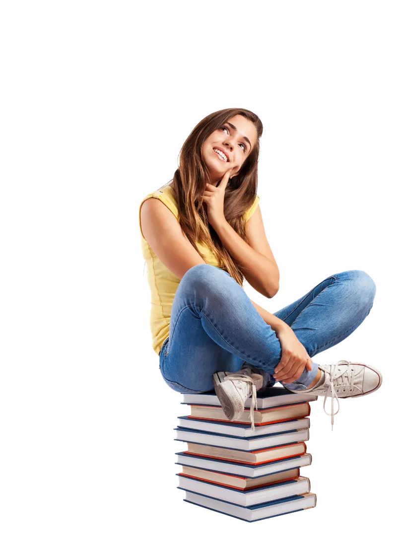 Student thinking while seated on a stack of books